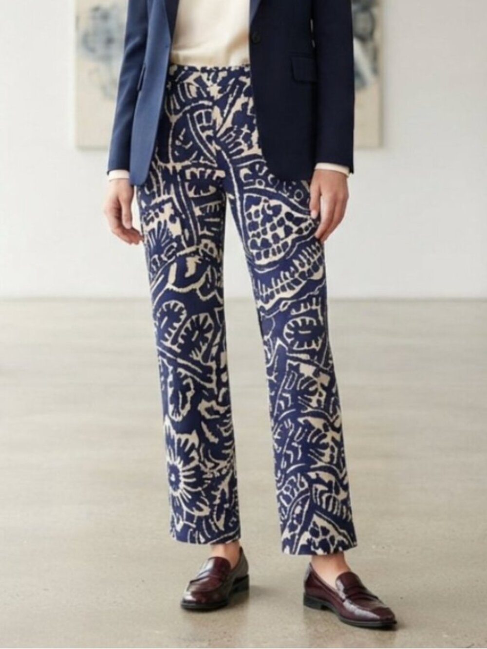 NIC+ZOE Navy & Cream Block Print Pull-On Straight Leg Pants Size M